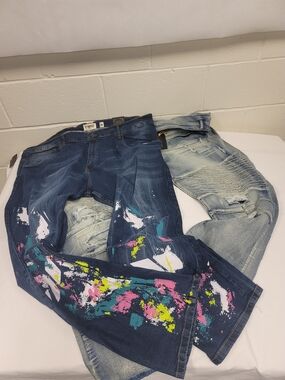 2 Pairs Big Men Jeans 1 Dark Blue Paint Splatter,1 Light Blue Distress